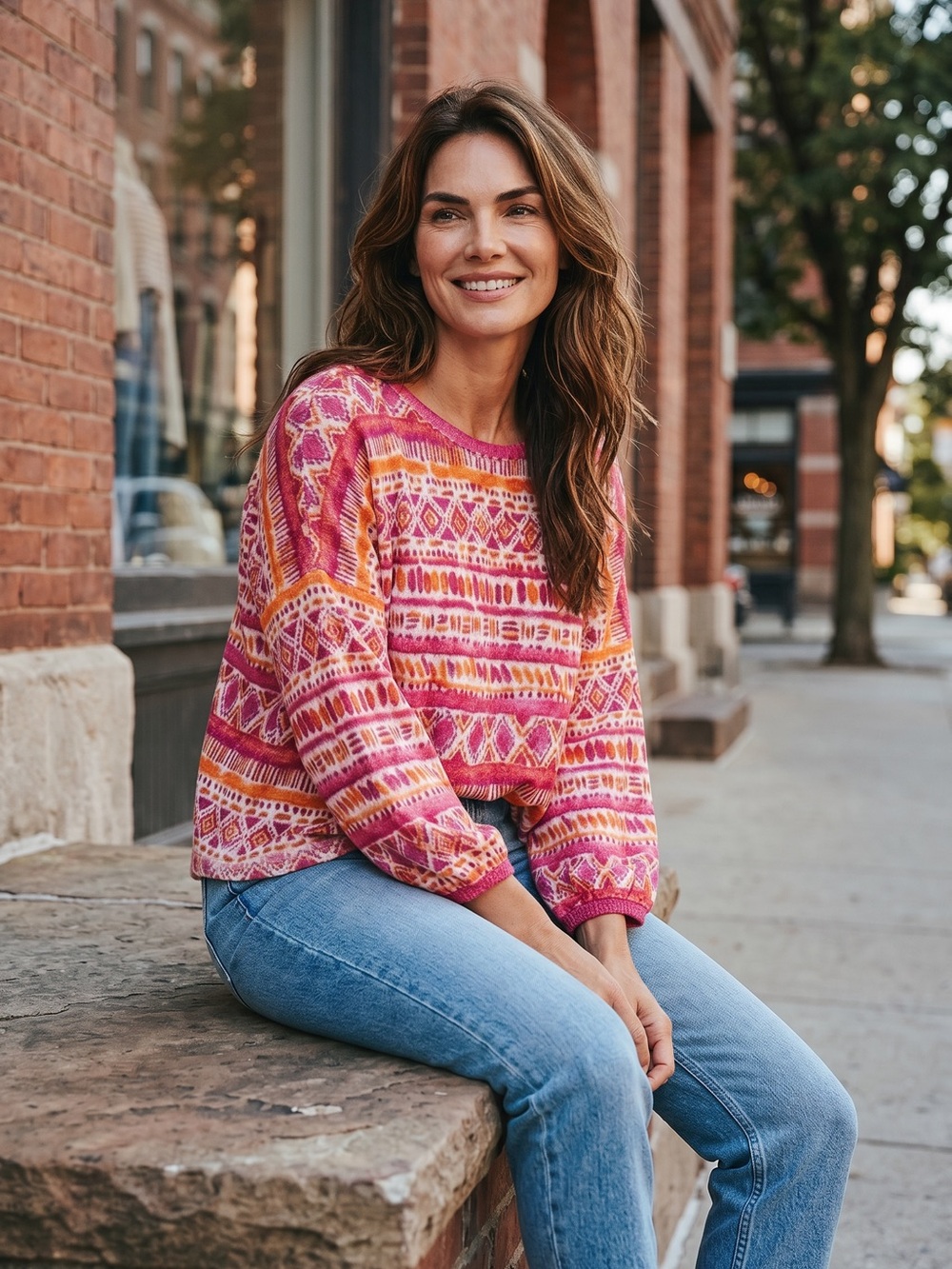 Women's Pink & Orange Patterned Knit Pullover Sweater